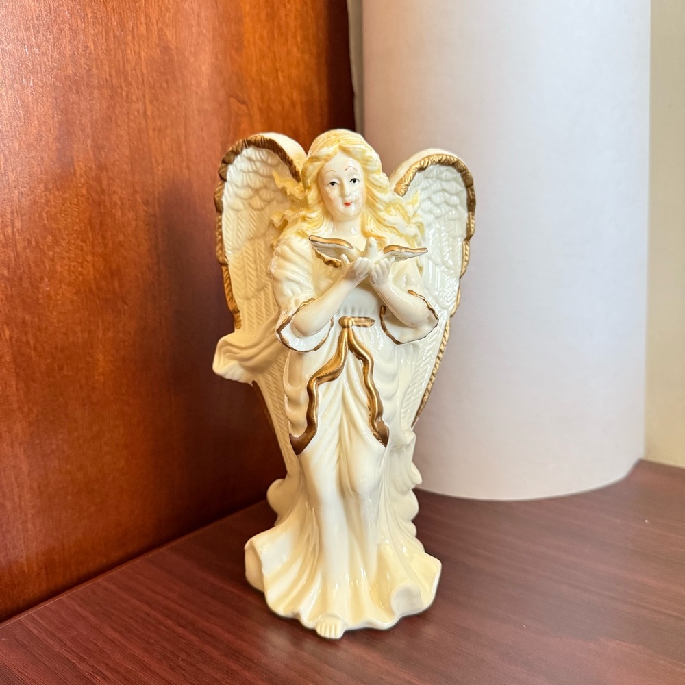 Vintage Ceramic Painted Angel Candle Holder Figurine W/ Gold Color Details, 8.5”